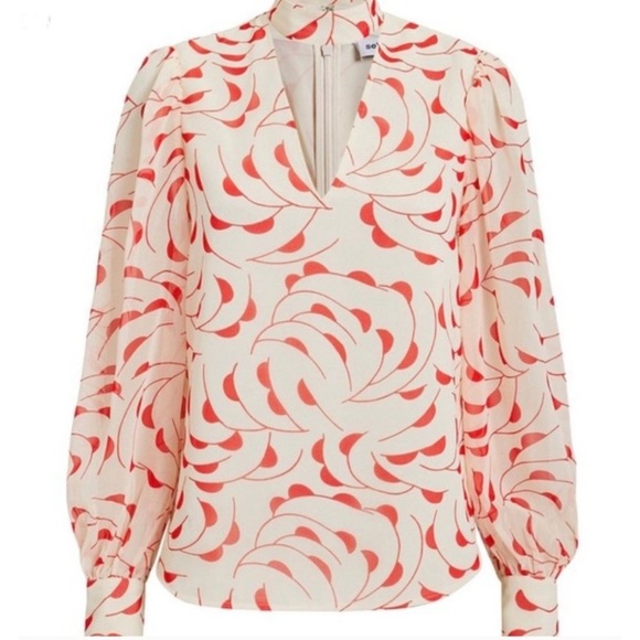 Self Portrait High Neck Printed Blouse Choker Detail Red/Ecru Size UK6/US 2 - Picture 3 of 14